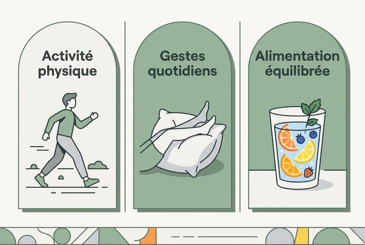 Trois panneaux illustrés: activité physique, gestes quotidiens et alimentation équilibrée, accompagnés d’un verre de boisson et de fruits. intégrant comment traiter les jambes lourdes de manière fluide.